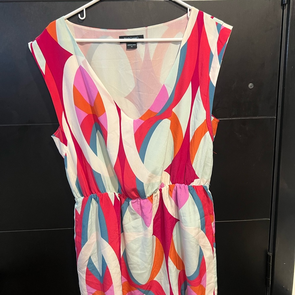 Marciano Silk Dress in Pink blue purple and White emilio pucci summer swirls
